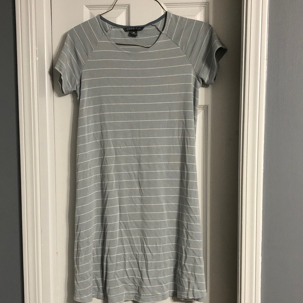 Free Fly Dockside Athletic Striped Bamboo Performance T-Shirt Dress in Grey